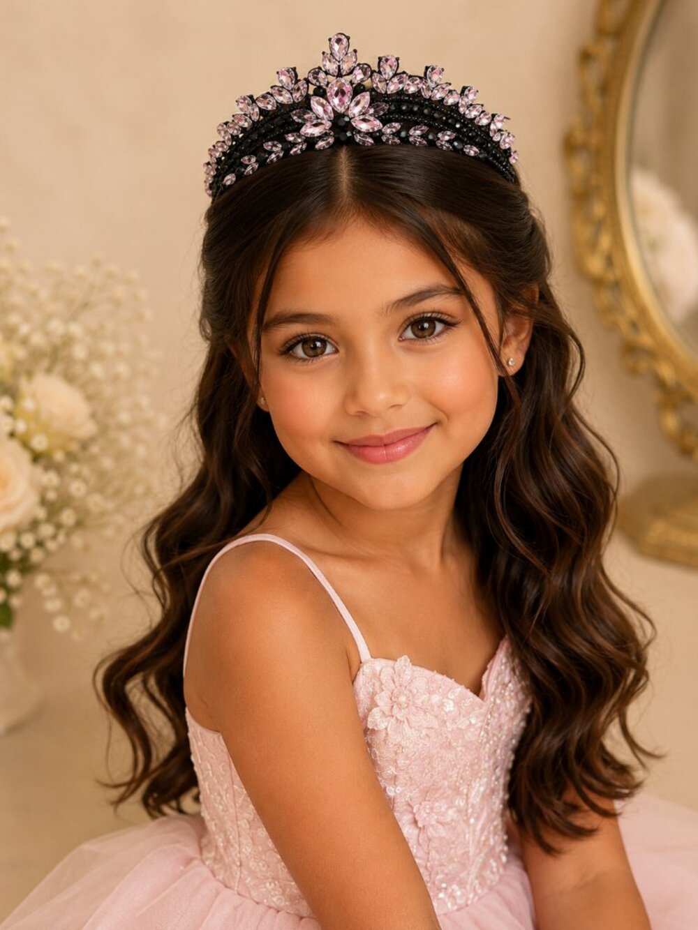 black pink tiara, Princess tiara, Halloween costume crown, Flower Girl headband